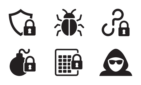 Hacker and cyber threat icon set featuring malware bomb and secure keypad vector silhouette