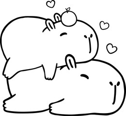 Kawaii Valentine Capybara Hugging Cartoon Hand Drawn black and white Illustration