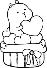 Fototapeta premium Kawaii Valentine Capybara With Hearts In Bag Cartoon Hand Drawn black and white Illustration