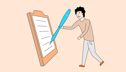 Fototapeta premium Man is writing on a piece of paper with a blue pen