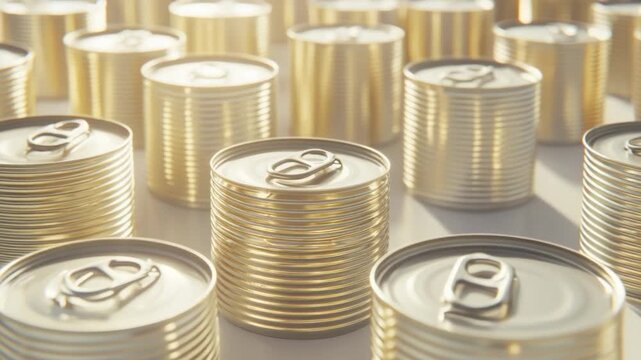 Close-up of numerous, metallic cans with ring-pull lids, arranged on a pale surface