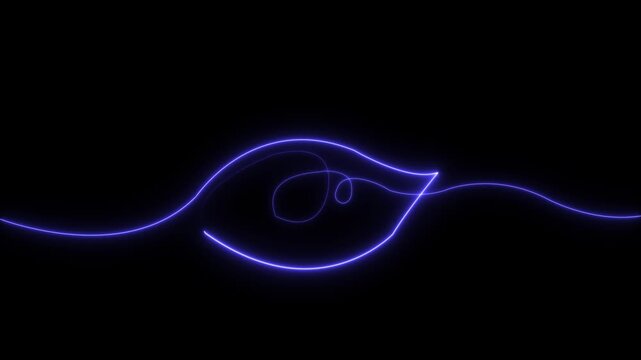 Neon Glowing Line Art of Abstract Leaf Shape on Black Background, Loop
