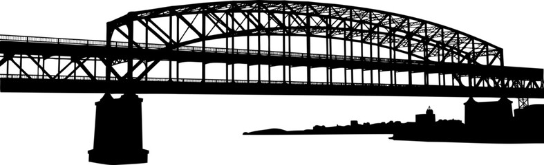 Fototapeta premium Large steel arch bridge silhouette with city skyline background
