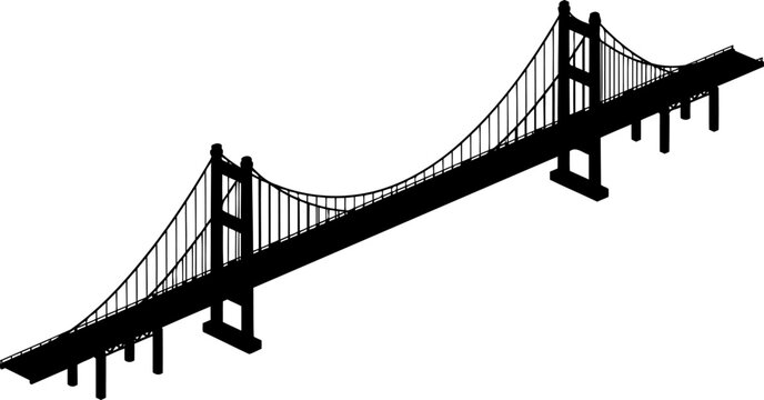 Isometric view of a long suspension bridge silhouette