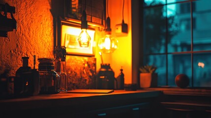 Warm lighting illuminates a cozy interior space.