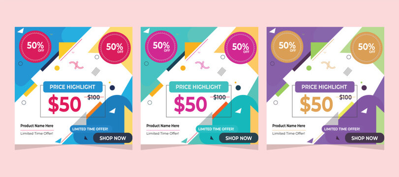 Vibrant social media templates for limited time offers and sales events, showcasing discounts and price reductions with modern abstract design elements