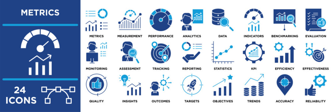 Metrics icon set featuring analytics, data, indicators ,assessment, tracking, effectiveness, productivity and reliability.  solid blue
