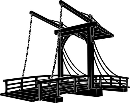 Dutch style bascule drawbridge silhouette with chains and wood