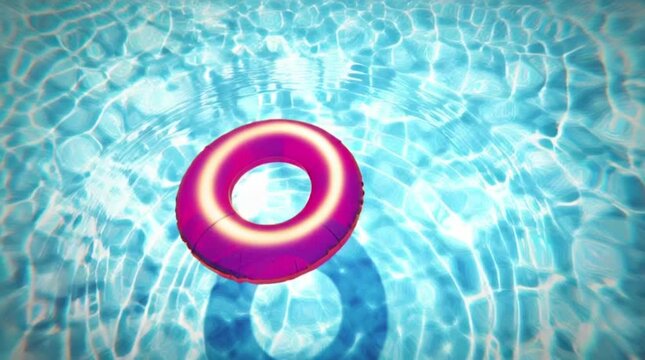Pink Inflatable Ring Floating on Blue Swimming Pool Water