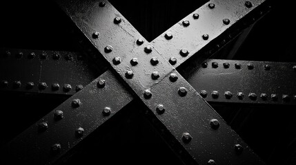 Intersecting metal beams with rivets.