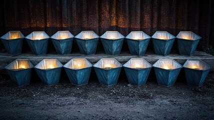 Decorative metal candle holders arranged in rows.