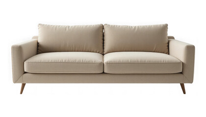 Fototapeta premium Elegant contemporary beige two-seater sofa featuring comfortable cushions and modern tapered wooden legs on transparent background