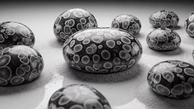 Polished leopard skin jasper stones arranged on a reflective surface, creating an abstract pattern.