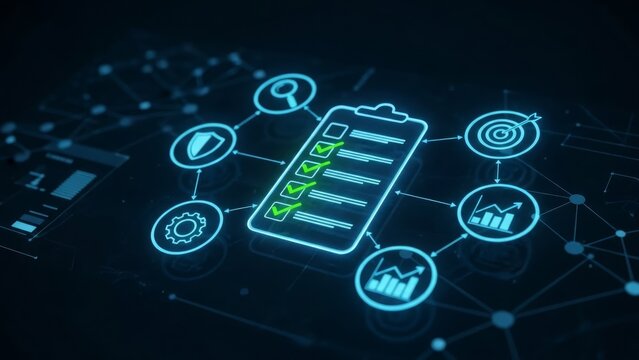 Neon clipboard with checklist and glowing icons on dark background with network connections