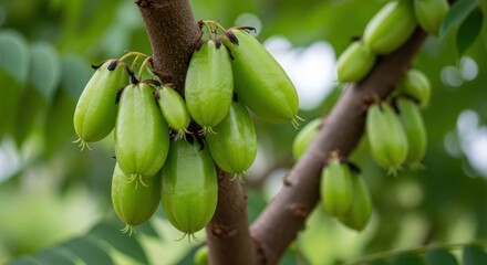Bilimbi fruits cluster on tree branch, blurred foliage