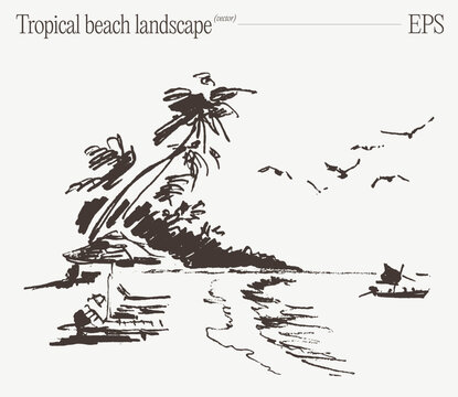 Tropical Beach with Palm Tree and Sailboat Sketch