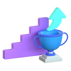 A 3D blue trophy cup positioned next to a purple staircase with a cyan arrow pointing upwards