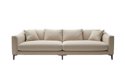 Fototapeta premium Elegant contemporary beige upholstered sofa featuring plush throw pillows and subtle nailhead trim details on transparent background