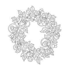 Ornamental floral design features detailed leaves, vines, & flowers with swirls in outline