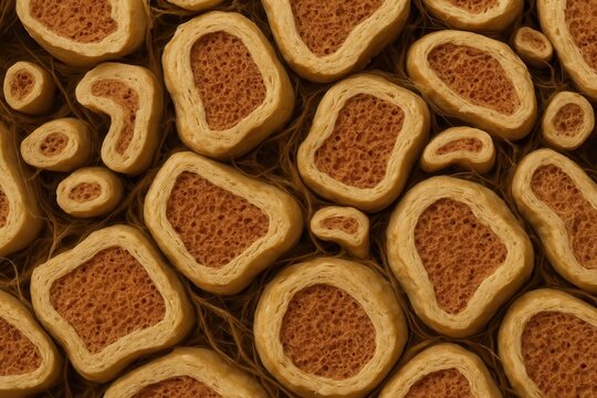 Microscopic plant stem cross section with vascular bundles porous tissue texture background
