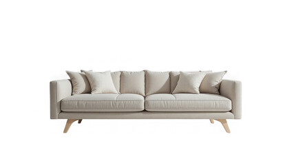Elegant contemporary three-seater beige fabric sofa featuring comfortable throw pillows and stylish tapered wooden legs on transparent background