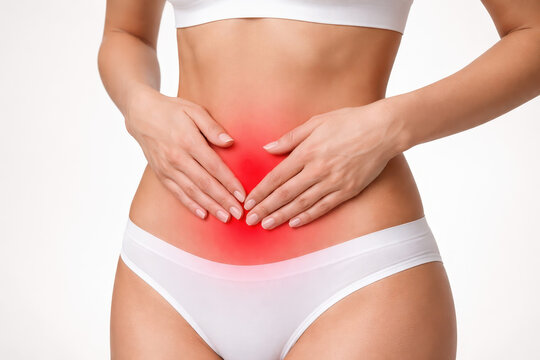 Uterine fibroids myoma endometrial polyp abdomen pain female health body ache stress medical concept