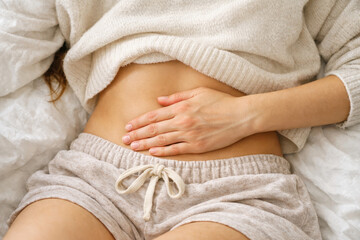 Woman stomach pain myoma uterine fibroids endometrial polyp