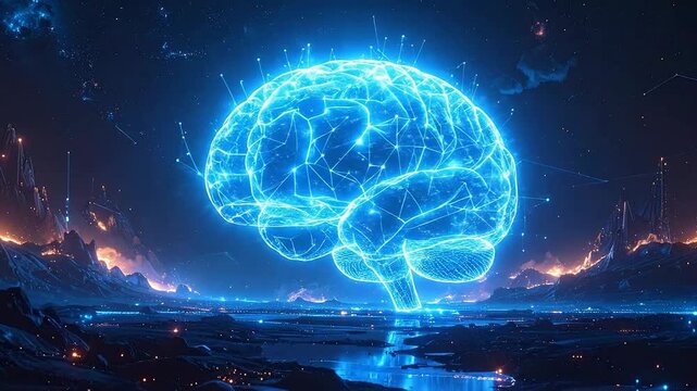 Futuristic glowing brain illustration with network connections over a digital landscape.