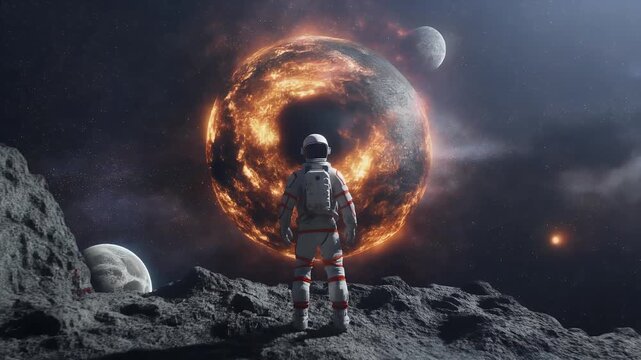 Astronaut facing a celestial fiery orb in space