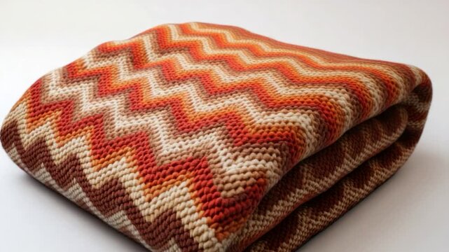 Folded blanket with chevron pattern in warm hues, textured surface, lying on a white background