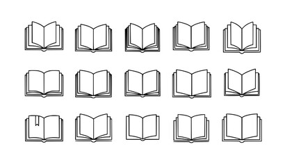 Minimal open book line icon set with paper pages vector illustration for library and publishing