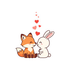 Cartoon fox and rabbit sitting together surrounded by floating hearts in a sweet moment