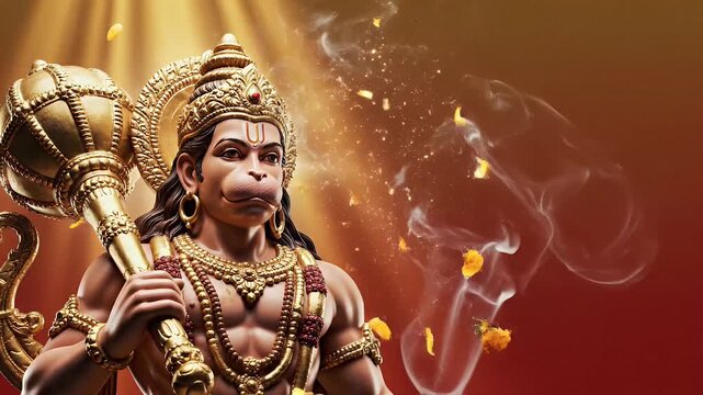 Hanuman Jayanti Lord Hanuman Idol with Gada on Red and Gold Gradient