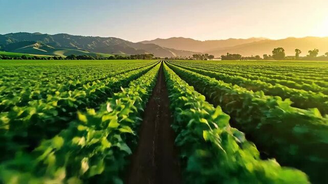 A vast agricultural field of vibrant green crops stretches toward distant mountains, bathed in sunlight.