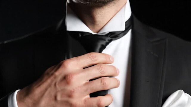 Man in formal wear adjusting black tie elegant gentleman professional clothing business attire style fashion sophistication
