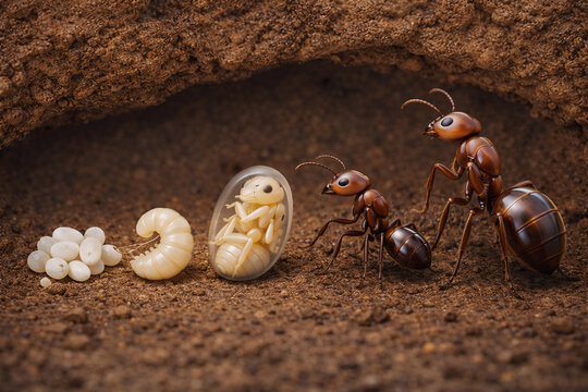 3D Ant Life Cycle from Egg to Adult Ant, Insect Metamorphosis Illustration,