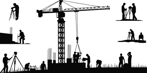 Construction site surveyors and crane operation silhouettes, civil engineering teamwork, building foundation work, urban development process, black vector illustration isolated on white