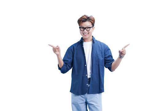Choice is yours: A smiling individual with glasses and casual attire gestures with both hands, inviting you to choose between two unspecified options.