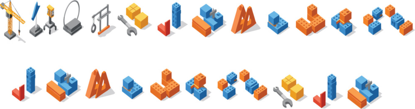 Isometric construction tools and building blocks set with cranes bricks and equipment, industrial engineering icons, modern vector illustration