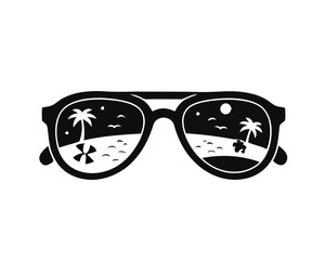 Summer vacation sunglasses reflecting a tropical beach scene with palm trees and ocean waves at sunset, perfect for travel and leisure