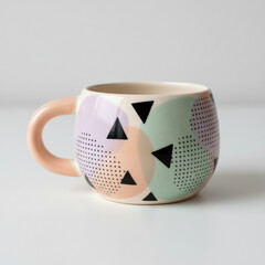 Handmade Ceramic Mug with Abstract Geometric Pattern and Pastel Colors on White Background