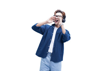 Fototapeta premium Embracing Sound: An individual wears headphones, immersed in music and expressing joyful enthusiasm.