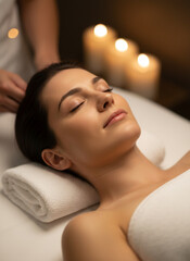 Woman Receiving Head Massage on Spa Table with Candles Lit
