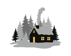 Fototapeta premium Cozy winter cabin nestled in a serene snowy forest with glowing windows, smoke rising from the chimney, evoking warmth and peaceful solitude