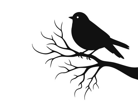 A simple silhouette of a small bird perched on a bare tree branch against a white background, representing nature and wildlife