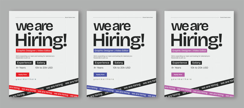 We are hiring job poster social media post, recruitment flyer for graphic designer and video editor positions, corporate hiring advertisement template