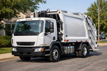 Modern White Garbage Truck on a Residential Street for Waste Collection Service.