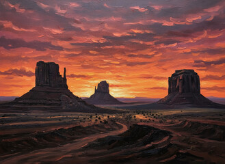 Monument Valley Buttes Under Dramatic Fiery Sunset Sky with Desert Road