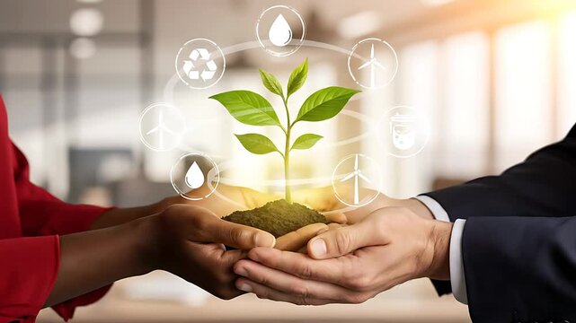 Business hands nurturing growing plant with environmental sustainability icons. Corporate social responsibility & green business concept.