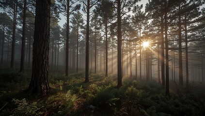 Obraz premium Sunlight Streams Through A Dense, Misty Forest, Illuminating Tall Trees And Lush Green Ferns On The Forest Floor. A Tranquil Nature Scene.